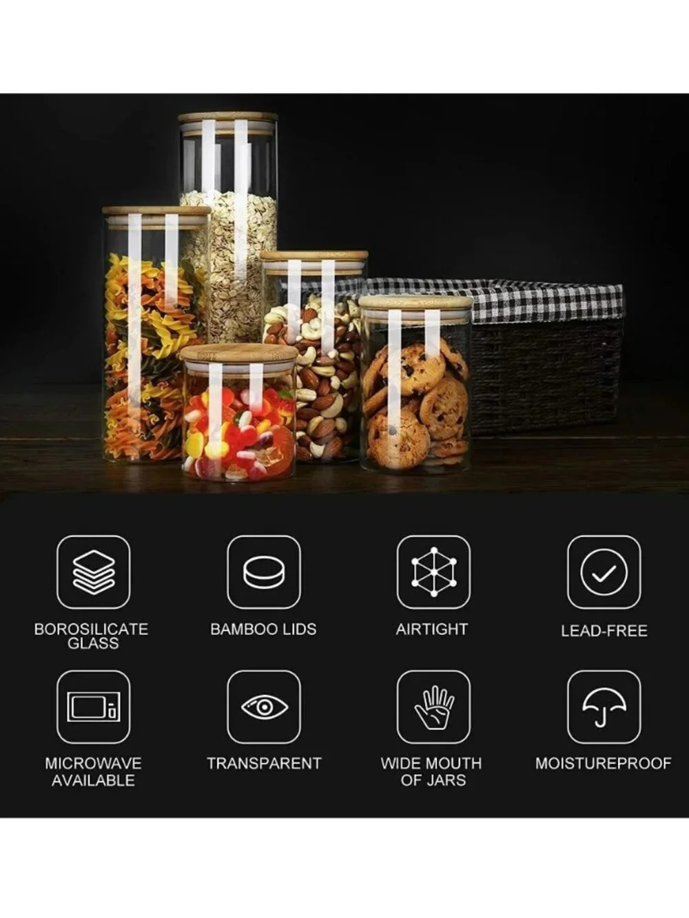 EMICA HOME Set of 5 Glass Food Storage Jars Bamboo Lids - NEW NIB